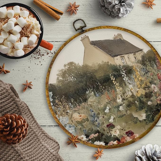 CUANFDDSF Vintage Cottagecore Farmhouse Round Wall Art, Rustic Countryside Garden Framed Hanging Wall Decor, Retro Country Landscape Canvas Prints Decorations for Home Bedroom Living Room, 10x10 Inch