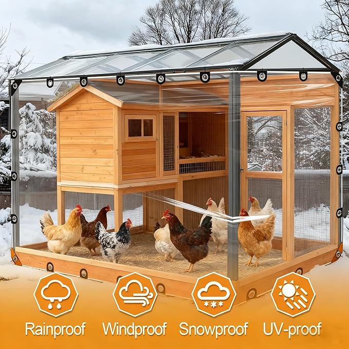 Clear Cover PVC for Poultry, Heavy Duty Vinyl Waterproof Chicken Coop Covers for Winter, Chicken Coop Winter Wrap with Elastic Cords & Grommets Windproof Transparent Coop Cover (3.3× 4.9 ft)