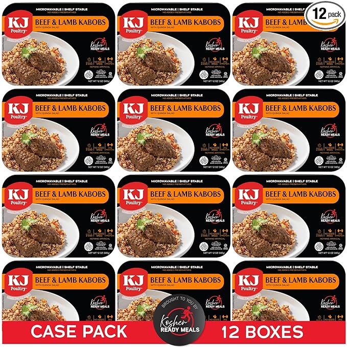 KJ Poultry Kosher Ready Meals - Beef Lamb Kabob & Quinoa, MRE Meat Meals Ready to Eat (12 Pack) Prepared Entree Fully Cooked, Shelf Stable Microwave Dinner Travel, Military, Camping Emergency Survival