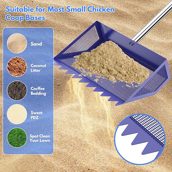 Chicken Poop Scooper & Rake 2-in-1,304 Stainless Steel Shovel Head, Chicken Litter Scoop with Handle for Chicken Coop & Pet Waste Cleaning, Litter Sifting Shovel (35 to 65") (Blue, 10inch)