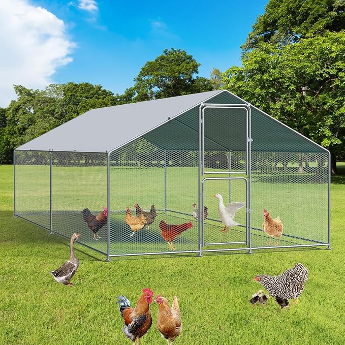 LotFun Metal Chicken Coop, Outdoor Chicken Runs for Yard with Waterproof & Anti-UV Cover, Double Lockable Doors, Outdoor Hen/Duck/Rabbit Runs for 10-30 Chickens (13.1 x 6.6 x 9.8 FT)