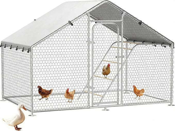 Large Metal Chicken Coop with Roosting Perch, UV-Resistant and Waterproof Cover, Chicken Run Outdoor Walk-in Cage Rabbit Duck Hen House for Yard Farm Use Spire Roof (10’ W x 4.9’ L x 6.4’ H)