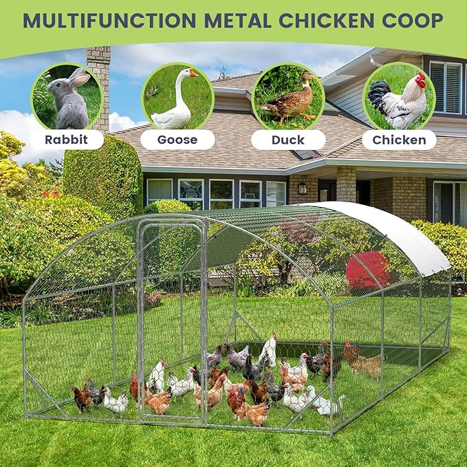 Garvee Metal Chicken Coop, Chicken Run for Yard with Strengthen Support, Outdoor Poultry Cage with Waterproof and Anti-Ultraviolet Cover for Outdoor Farm Use（9.8 ft W x 19.7 ft L x 6.5 ft H）
