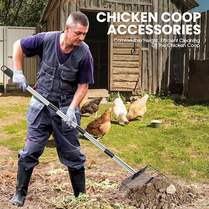 4-in-1 Chicken Poop Scooper & Rake, 15" Large Metal Sifting Shovel Poop Scooper for Sand, Adjustable Stainless Steel Handle 22"-65" for Coop Cleaning,Farms,Courtyards,Poultry Houses