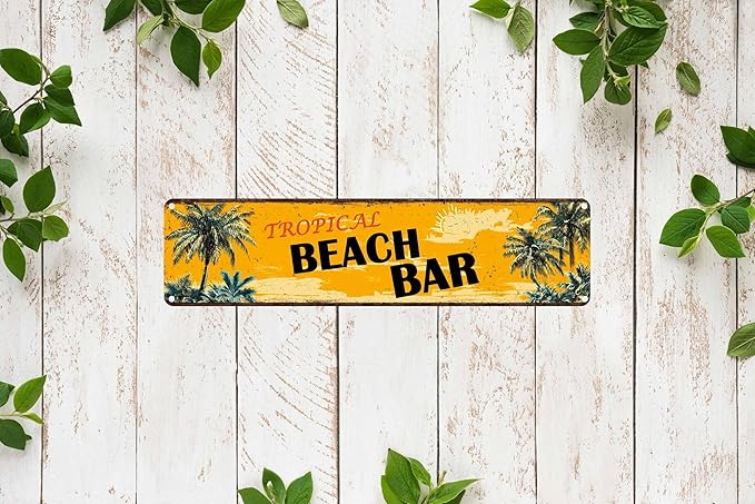 Tropical Beach Bar Metal Sign 4x16in Boho Island Plaque for Yard House Outdoor Bar Wall Room Decor Accessories