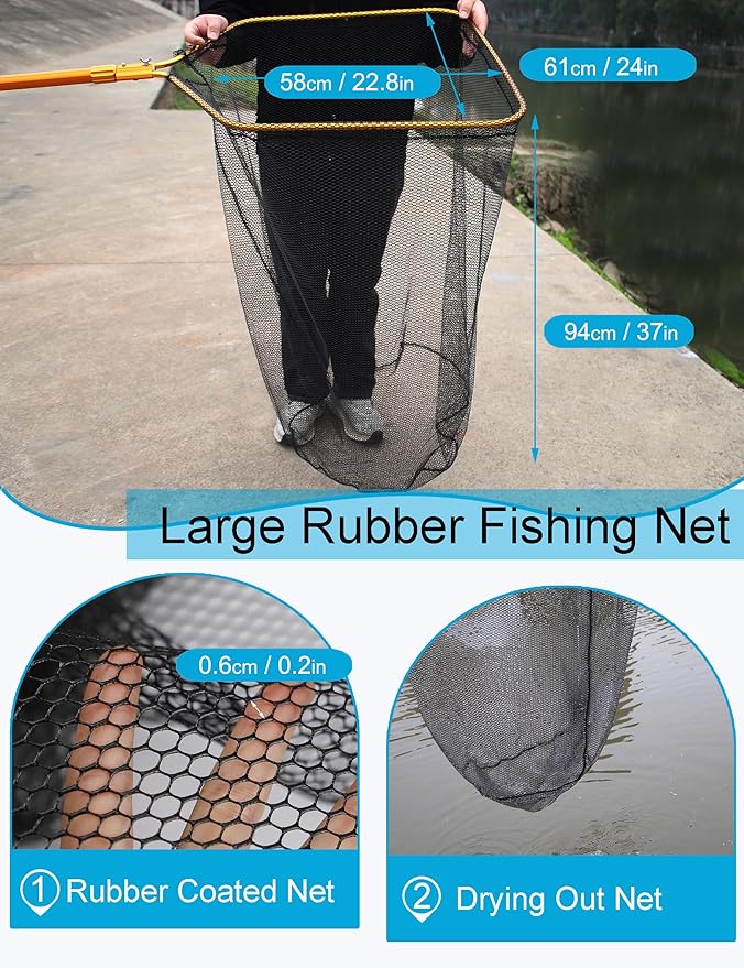 Beoccudo Extra Large Saltwater Fishing Net - 70.8"-105" Heavy Duty Telescopic Aluminum Handle, 37" Deep Snag-Free Rubber Mesh for Big Catfish Bass, Kayak Fishing Net with Carrying Bag