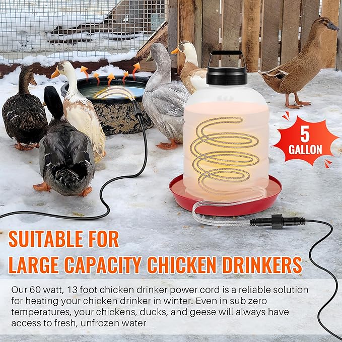 Chicken Water Heater, 60W 13FT Heated Poultry Waterer Cord for Winter, Freeze Proof Heated Waterer for Chicken Duck Geese, Stainless Steel Bird Bath Water Heater for Outdoor Buckets & Troughs
