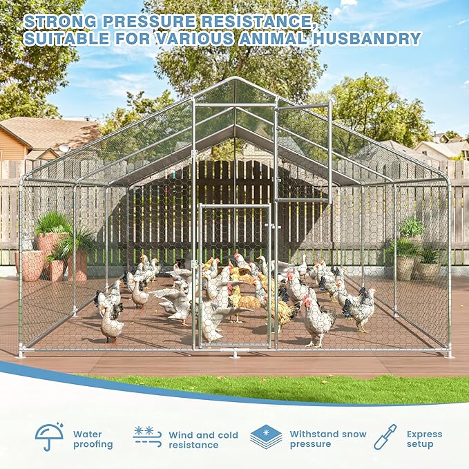 Polar Aurora Metal Chicken Coop, Large Outdoor Chicken Pen, Walk-in Chicken Run for 6-20 Chickens, Double Door Chicken House with Waterproof UV Protection Cover for Backyard (Spire-L)