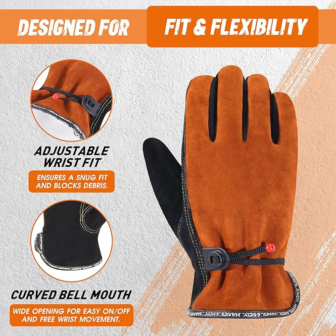 HLDD HANDLANDY 2 Pairs Leather Work Gloves for Men & Women, Reinforced Durable Palm for Welding, Farm, Gardening, Driving