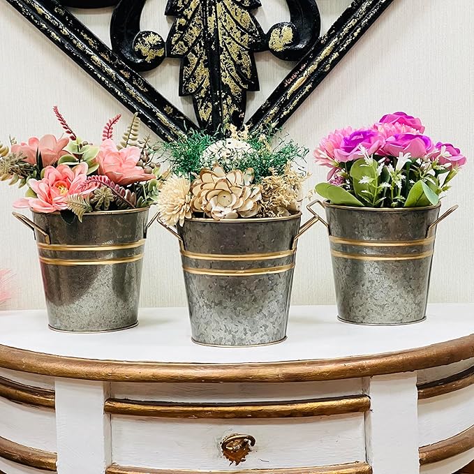 Hosley Set of 3 Zinc Finish Bucket/Pots with PVC Liner 5" Dia x 5" H, Ideal Gift for Floral Arrangements Wedding Home Office Party DIY Indoor Outdoor Garden Patio
