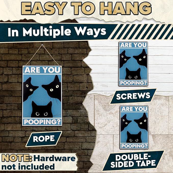 Are You Pooping Sign - Funny Cat Bathroom Sign with Anti-Rust Coating 12 x 8 Inch - Black Cat Decor for Home, Metal Wall Plaque for Toilet Decor, Cat Wall Art – Humorous Farmhouse Funny Bathroom Art