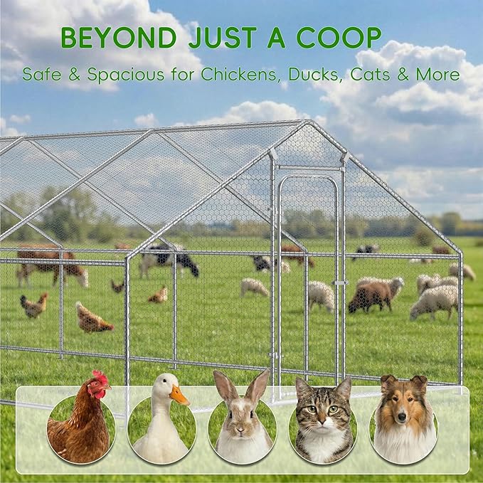 Large Metal Chicken Coop with Roosting Perch, Waterproof and UV Protection Cover, Chicken Run Outdoor Walk-in Cage Chicken Rabbit Duck Hen House, Spire Roof (10'W x 32.8'L x 6.4'H)