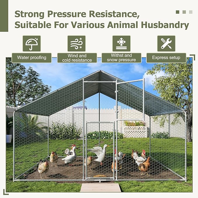 Large Metal Chicken Coop,19.7x9.8x6.4 FT Chicken Run for Yard with Waterproof & Anti-UV Cover,Walk in Chicken Pen with Feeding Door (6.6 * 9.8 * 6.4 ft)