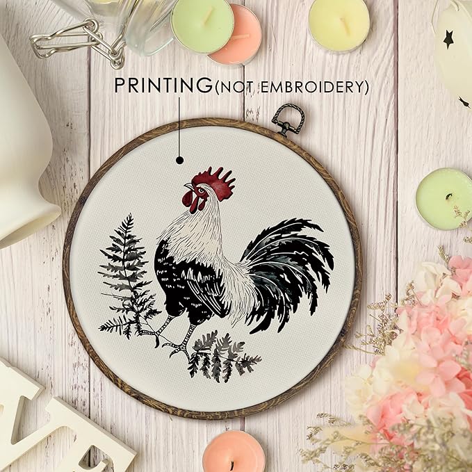 KFXHANGD Farmhouse Chicken Round Wall Art Framed, Rooster Kitchen Decor, Rustic Rooster Canvas Wall Art Decor, Retro Chicken Hanging Wall Decor for Kitchen Bathroom, Chicken Lover Gifts, 10x10In