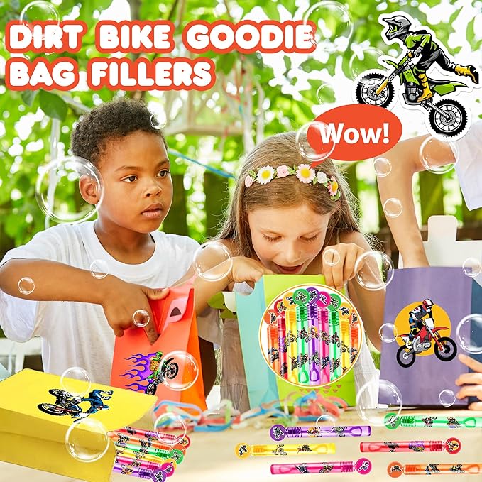 24PCS Dirt Bike DIY Bubble Wands with 96PCS Stickers - Party Favor for Goodie Bags, Pinata Stuffers, Mini Bubble Bulk Farm Birthday Supplies, Toys Gifts, Class Prizes for Toddlers, Boys & Girls