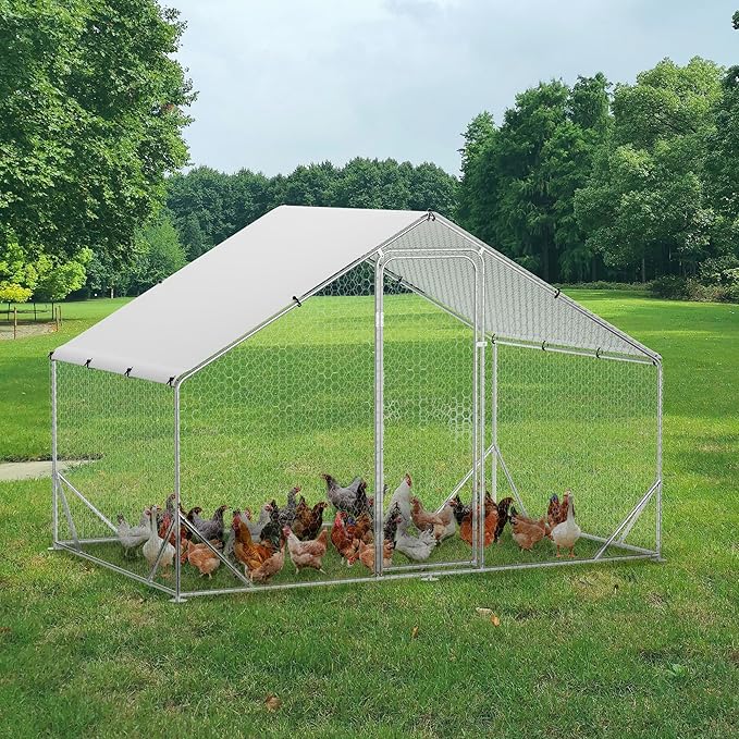 Large Metal Chicken Coop, 9.8'L x 6.5'W x 6.5'H Walk-in Poultry Cage, Chicken Run Pen House with Waterproof & Anti-Ultraviolet Cover Chicken Coop Run for Outdoor Backyard Farm