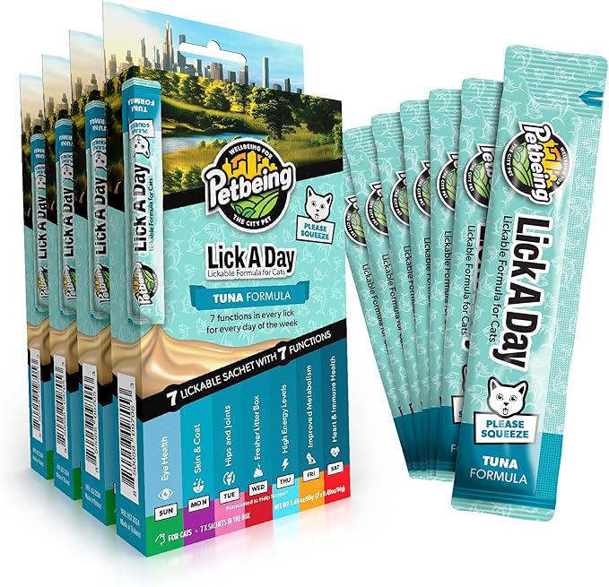 Lick a Day | Specially Formulated 7-in-1 Functions Daily Real Meat Lickable Cat Supplemets | Tasty Cat Puree Squeeze ups for Cats & Pet Vitamins Combination (7-Pack x 4, Tuna)