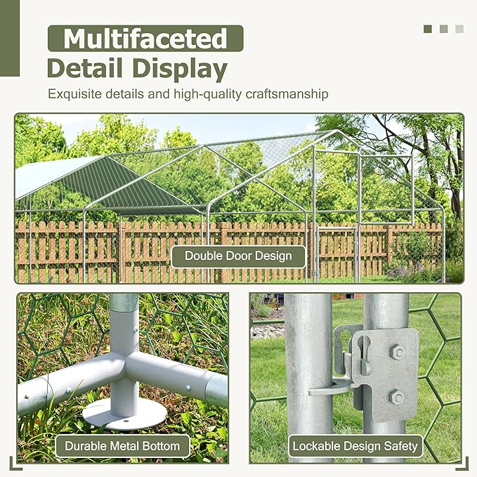Large Metal Chicken Coop,19.7x9.8x6.4 FT Chicken Run for Yard with Waterproof & Anti-UV Cover,Walk in Chicken Pen with Feeding Door (19.7 * 9.8 * 6.4 ft)