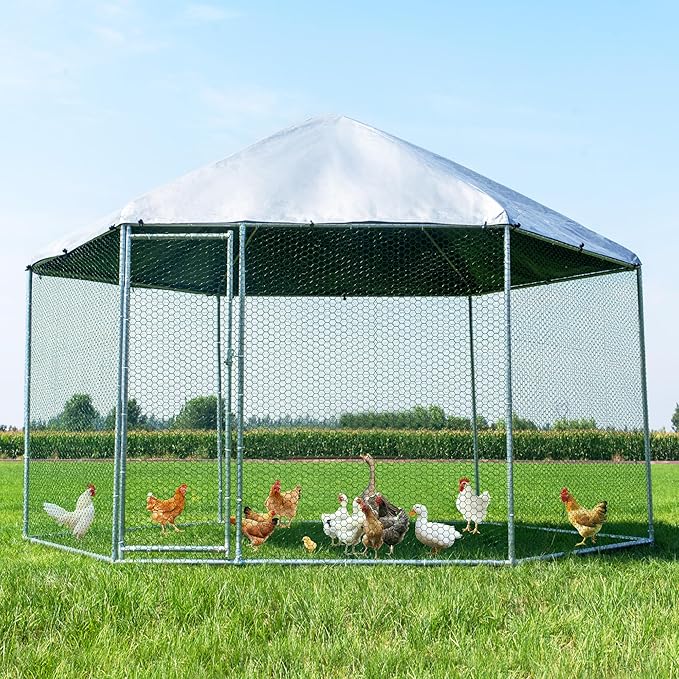 Large Metal Chicken Coop, Chicken Runs for Yard with Cover Walk-in Poultry Cage for 10 20 Chickens,Chicken Pen Duck Coop with Water-Resident Top and Feeding Door, Hexagon Hen House 13.2Lx11.4Wx8.6H FT