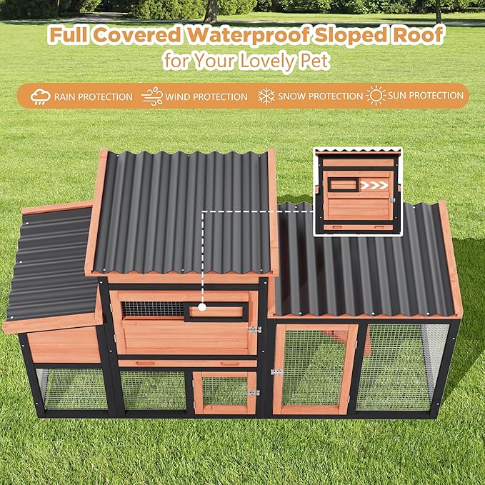 Chicken Coop, Large Wooden Chicken Coop with Nesting Boxes & Run Cage for 2-3 Chickens, Outdoor Hen House Poultry Hutch Rabbit Cage with No-Slip Ramp & Pull-Out Tray for Backyard Farm