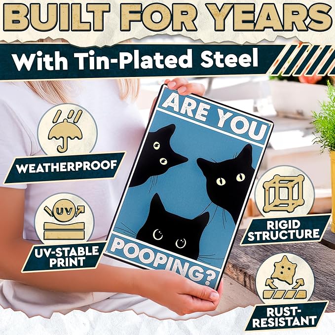 Are You Pooping Sign - Funny Cat Bathroom Sign with Anti-Rust Coating 12 x 8 Inch - Black Cat Decor for Home, Metal Wall Plaque for Toilet Decor, Cat Wall Art – Humorous Farmhouse Funny Bathroom Art
