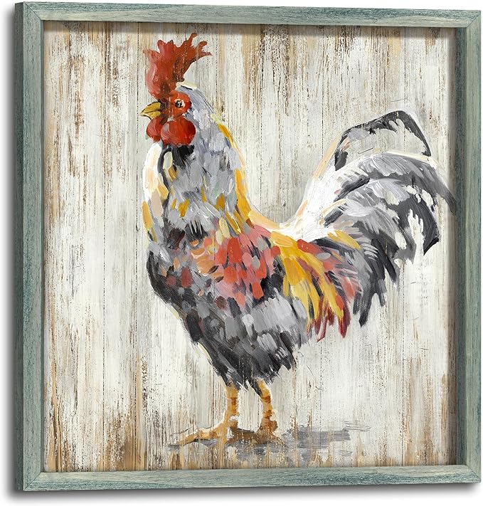 Farm Wall Art Wooden Decor: Rooster Framed Print Rustic Farmhouse Animal Artwork Picture Country Chicken Print Painting for Kitchen Bathroom Living Room 16 x 16 Inches
