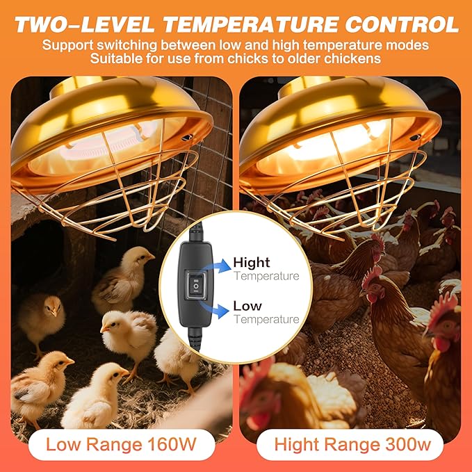 300W Heat Lamp for Chickens Coop, Waterproof Chicken Coop Heater Lamp, Adjust 2 Mode Temperature&Hanging Height for Indoor Outdoor Suitable for Chick, Duck, Rabbit and Dog