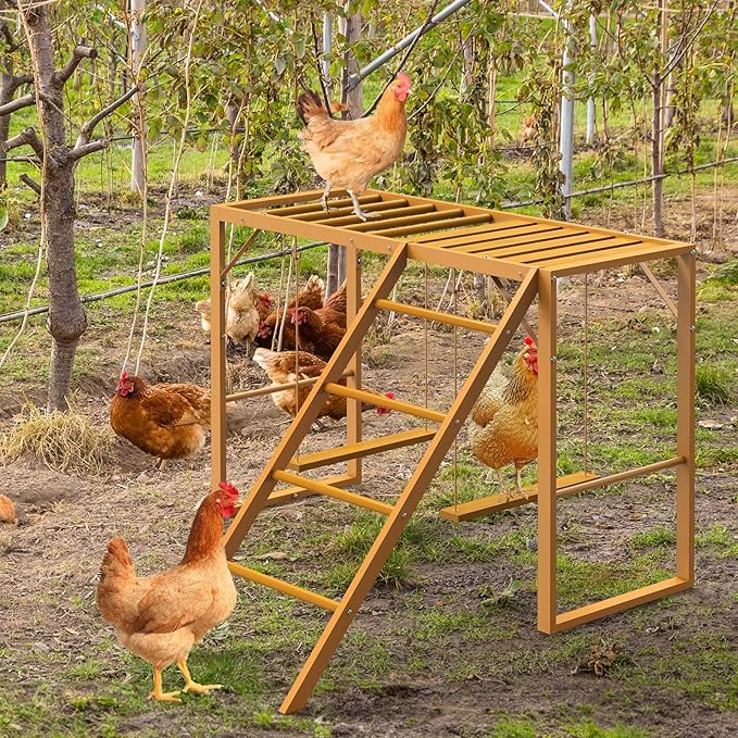 Chicken Perch Swing, Chicken Roosting Bars with Ladder for Coop, Metal Pet Swing Set for Pet's Healthy & Happy for 8-10 Chick, Yellow