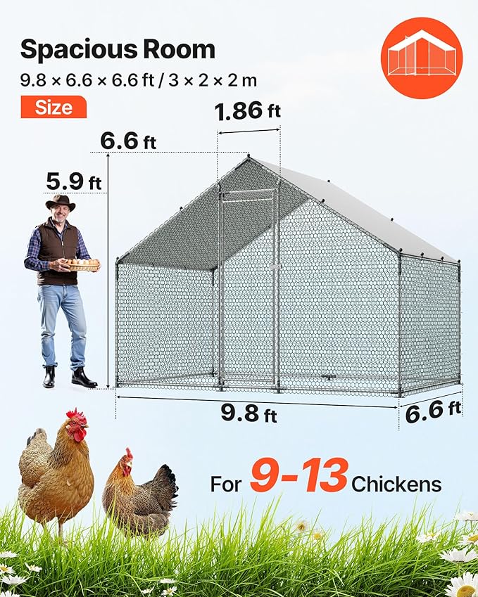 VEVOR Large Metal Chicken Coop with Run, Walkin Chicken Coop for Yard with Waterproof Cover, 6.5 x 9.8 x 6.5 ft, Spire Roof Large Poultry Cage for Hen House, Duck Coop and Rabbit Run