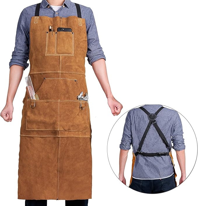 QeeLink Leather Welding Work Apron with 6 Tool Pockets, Heat & Flame Resistant Welder Aprons, 24" x 36", Adjustable M to XXXL