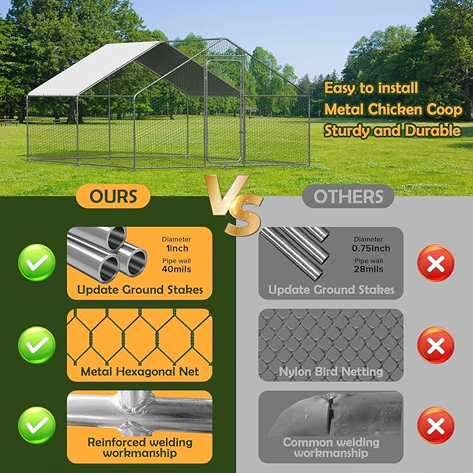Metal Chicken Coop with Cover for Yard Large Walk-in Chicken Runs for 20 Chickens with Galvanized Steel Frame for Outdoor Heavy Duty Spire Roof Poultry Cage for Hen Duck Rabbits Goose Puppy