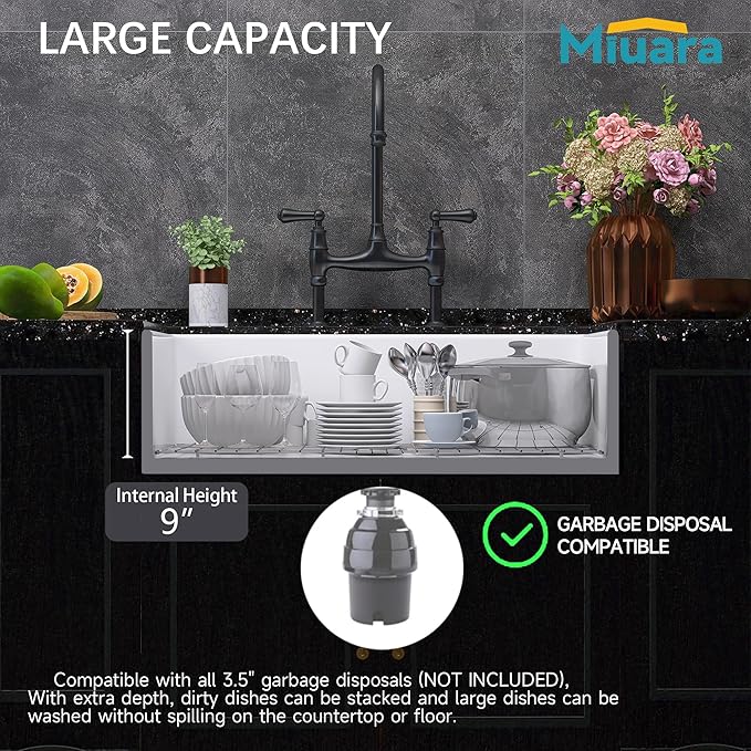 Miuara Farmhouse Sink 33 Inch - Apron Front Kitchen Sink Reversible 33"x18"x10", Undermount Installation, Farm House Style Single Bowl, Solid Fireclay, Glossy White, for Kitchen