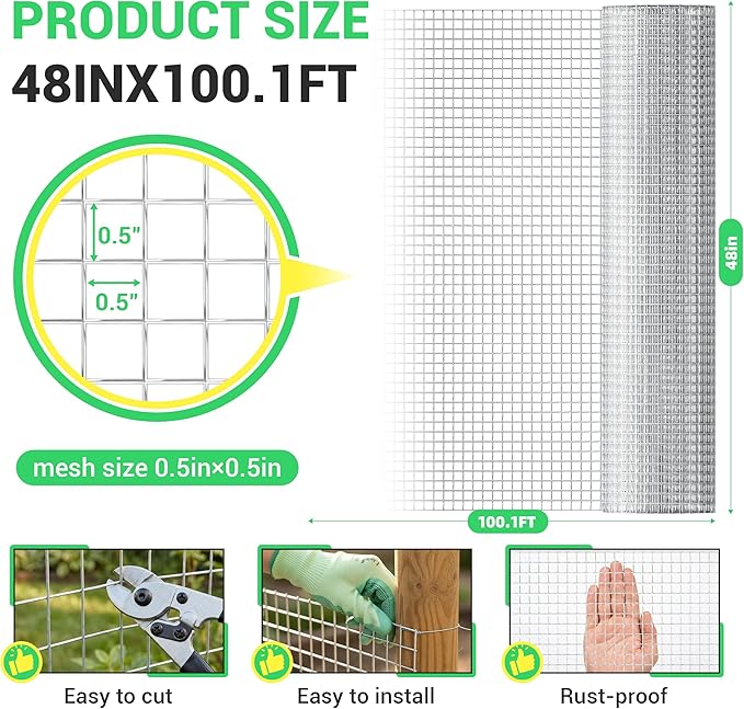 Land Guard Hardware Cloth 1/2 Inch 48inx100.1ft 19 Gauge Square Chicken Wire Fence Mesh Roll Raised Garden Bed Plant Supports Poultry Netting Cage Snake Fence…