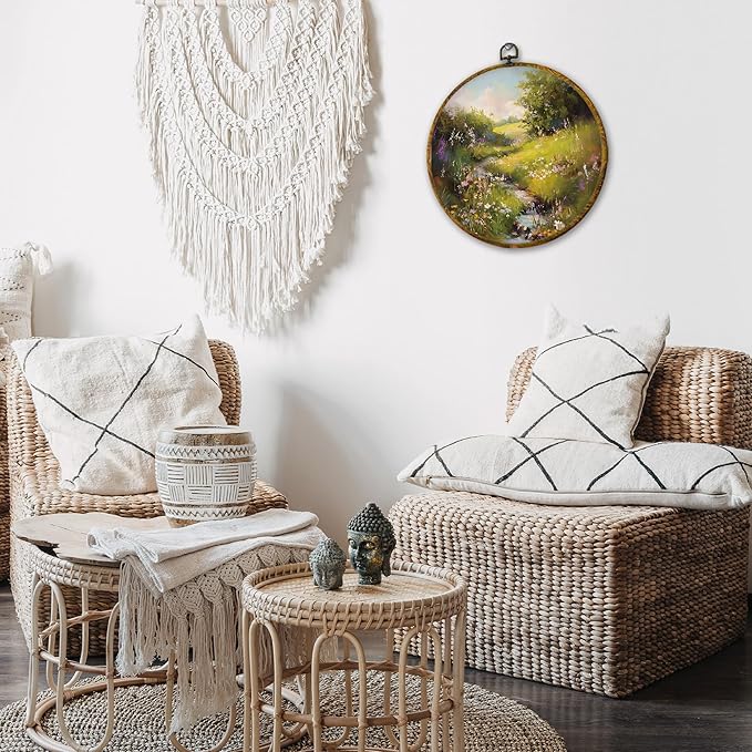 shiviody Rustic Wildflower Canvas Wall Art Decor, Countryside Floral Landscape Wall Decor, Wild Fields Floral Round Hanging Frame Prints Decorations for Farmhouse Living Room Bedroom 10"x10"