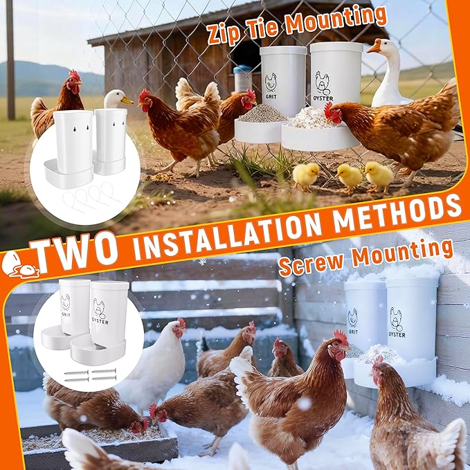 Chicken Grit and Oyster Shell Feeder, 2 Pack No Waste Hanging Chicken Feeder Combo, Waterproof ABS Automatic Gravity Poultry Feeder with Lid Rounded Edges, Coop Accessories for Healthier Hens and Eggs