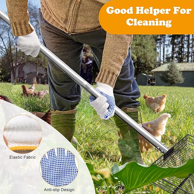 10inch Chicken Poop Scooper, Dual-Specification Pore Chicken Coop Cleaning Tools Come with Gloves Coop Scoop 4 Sections Extended with 22 to 62" Stainless Steel Adjustable Handle