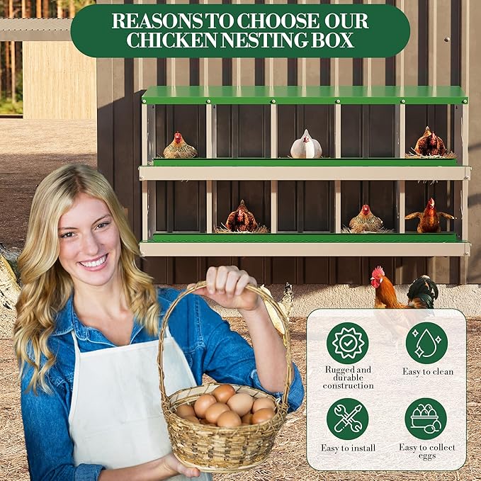 10 Holes Chicken Nesting Boxes, Nesting Boxes for Chickens, Easy to Clean and Install, Chicken Laying Box for Outdoor Chicken Coop Farm Yard, Green