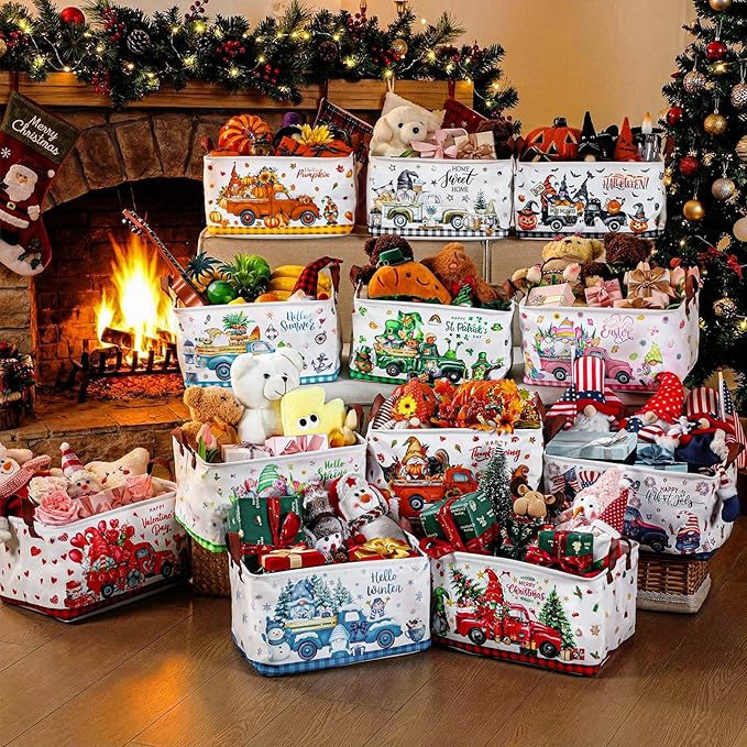 CHENGU 12 Pack Large Holiday Gifts Baskets Empty Collapsible Seasonal Storage Bin St Patricks Day Easter Canvas Laundry Basket Foldable Box with Handle for Home Office Bedroom Clothes Toys