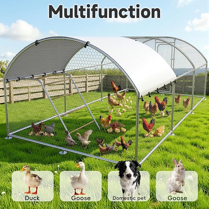 Large Metal Chicken Coop with Roosting Perch Walk-in Poultry Cage Chicken Run Duck House Chicken Pen Dome Shaped Coop with Waterproof Cover for Outdoor Backyard Farm Use(10' L x 19.7' W x 6.4' H)