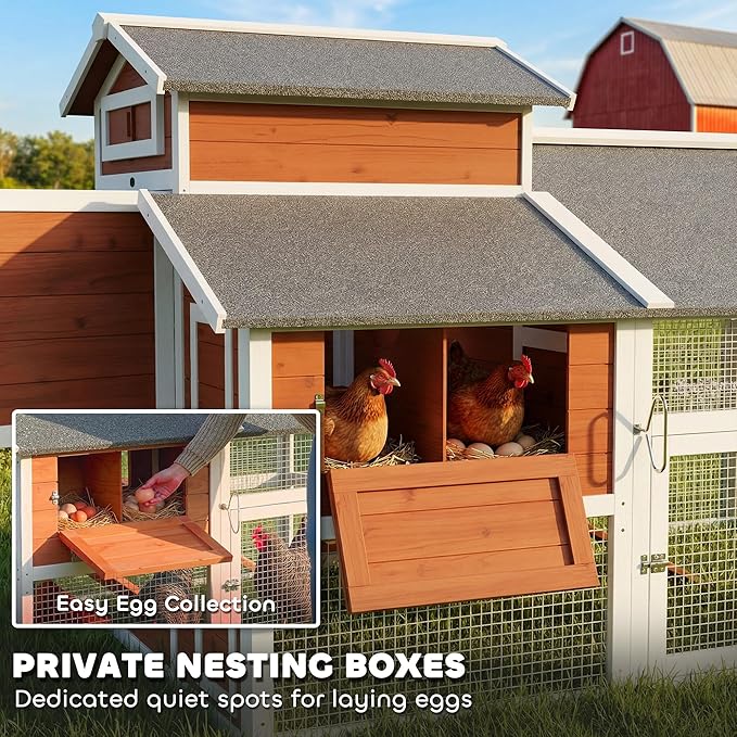 PawHut 79" L Chicken Coop for 6 Chickens, Outdoor Wooden Hen House Poultry Cage with Run, 2 Nesting Boxes, Slide-Out Tray, Waterproof Asphalt Roof, Sliding Rod Door and Roosting Bar, Orange