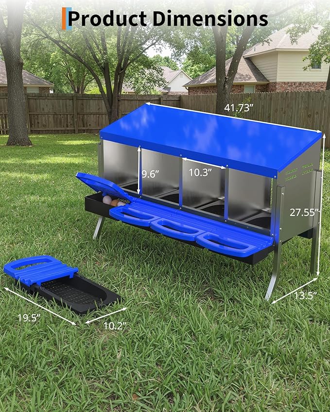 Chicken Nesting Box 4 Hole, Galvanized Steel Nest with Roll Away Egg Collection & Swing Perch, Easy-Clean Laying Box for Hens, Heavy Duty Design for Chicken Coop