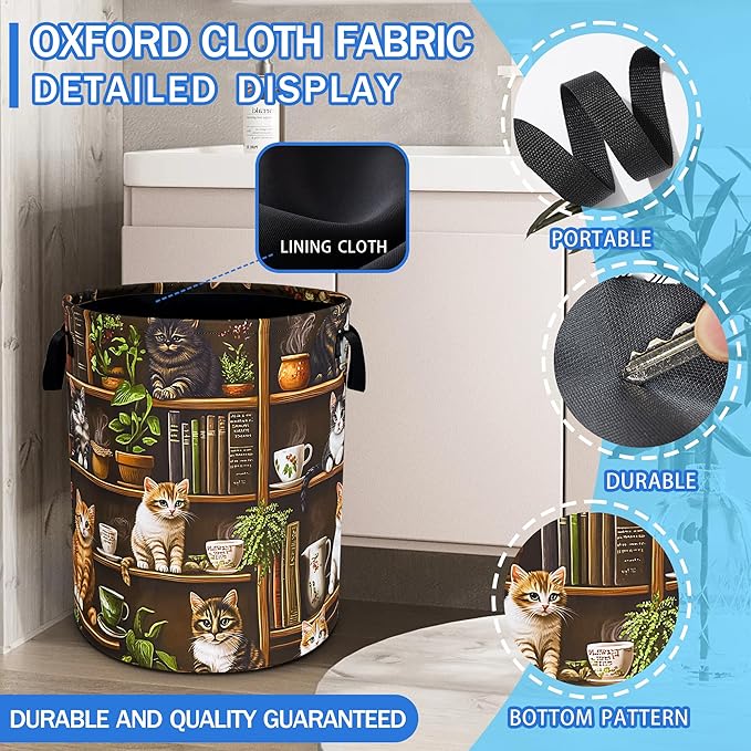 Cute Cat Laundry Basket Bookshelf Animal Oxford Cloth Laundry Hamper Funny With Handle Foldable Portable Clothes Storage Basket 18.9 X 16.5 In Storage Bag For Laundry Room/Bathroom/Bedroom/Dormitories