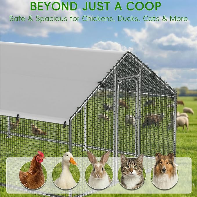 Large Metal Chicken Coop Run with Roosting Perch, Outdoor Poultry Cage with Waterproof & UV-Resistant Cover for Chickens, Ducks, Rabbits in Yard or Farm Use, Spire Roof (8.9'W x17.7'L x 6.6'H)