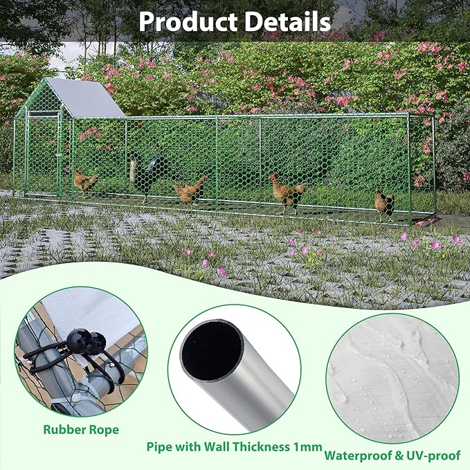 Metal Chicken Coop with Waterproof Cover, 16x3x5ft Chicken Run for Yard, Outdoor Backyard Farm Walk-in Hen House, Chickens Poultry Cage for Ducks, Rabbits and Small Pets