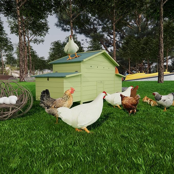11.12 ft² Large Wooden Chicken Coop,Outdoor Hen House with 2 Free-Range Doors, 2 Nesting Boxes, Predator Protection, Ventilation, and Chicken Perch - Moisture-Proof Design for Poultry Green