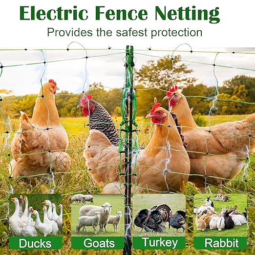 Electric Fence Netting, 35.5" x 164' Electric Poultry Netting with Fiberglass Posts and Double-Spiked Stakes, Utility Portable Mesh for Poultry in Backyards, Homesteads, Farms and Ranches