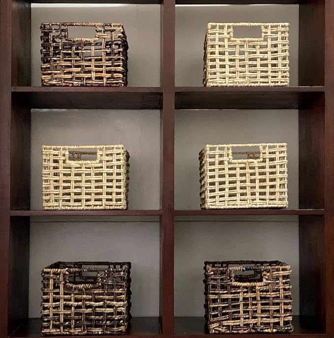 Handwoven Abaca Wicker Basket Set of 3 – 12x10x8 Open Weave Storage Baskets, Natural Woven Bins for Pantry, Bookshelf & Closet Organization, Sustainable Decorative Rattan Design
