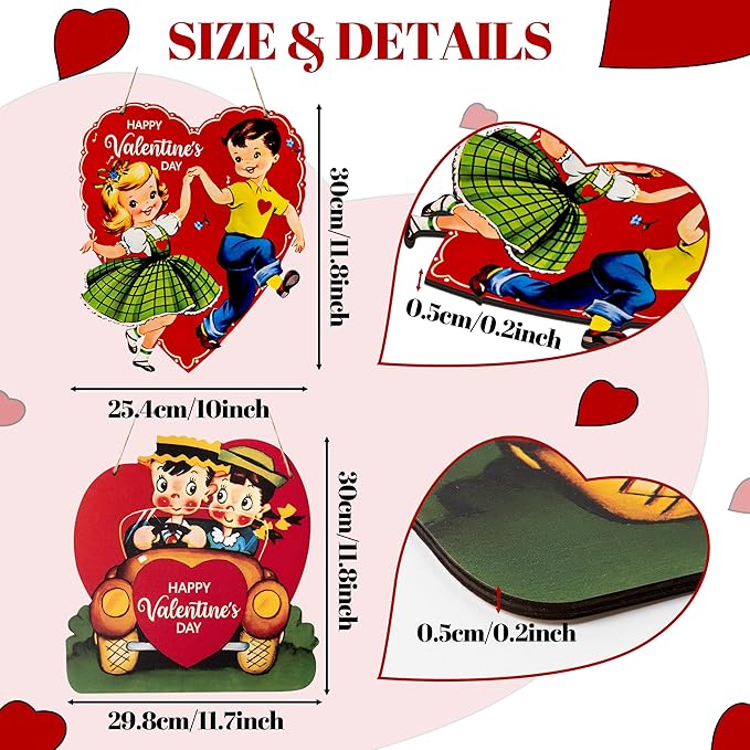 Laffact Vintage Valentine Door Sign - 2Pcs Red Heart Boy Girl Happy Valentine’s Day Door Sign Rustic Farmhouse Hanging Wooden Signs Wall Plaque Retro Valentine Sweet Decor for Home Front Door Window
