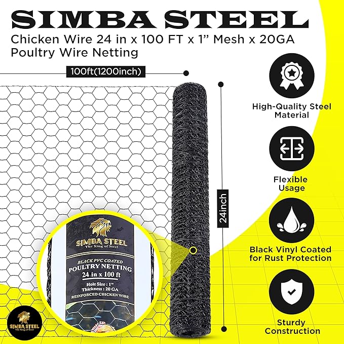 24” x 100 FT PVC Hexagonal Poultry Netting Chicken Wire | 1" Mesh | 20 Gauge | Black PVC Vinyl Coated | Rust Proof | for Garden, Fence, Chicken, Rabbit (PVC 24 x 100)