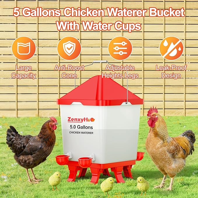 5.0 Gallons Chicken Waterer Bucket with 4 Waterer Cups, Adjustable Heights and Anti Roost Cone